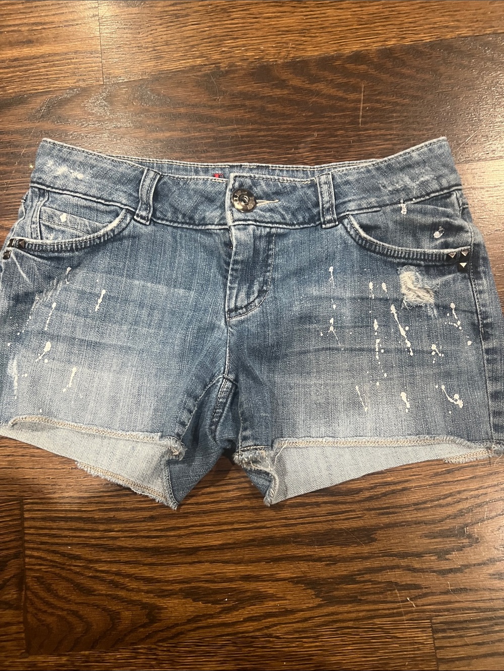 Elle Blue Distressed Paint-Splatter Denim Shorts